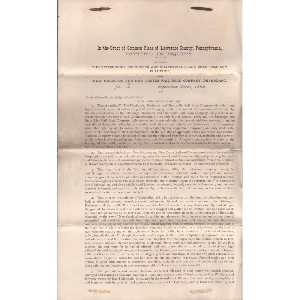 1882 Lawrence County PA Railroad Legal Document Pittsburgh Sharpsville Rail Road - Picture 1 of 3